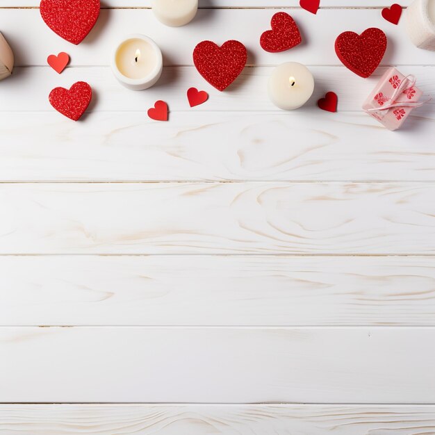 Valentine's Day Flat Lay con regali di cuori e candele su sfondo bianco di legno