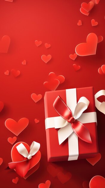 Valentine's Day Paper Art Concept Banner con scatola regalo fatta a mano Molti nastri tagliati in carta archi e cuori su sfondo rosso con spazio per il testo