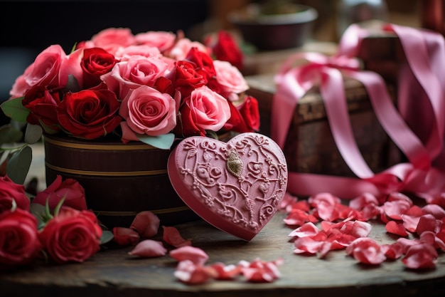 Valentine's Day Romantic Floral Arrangement con rose rosa e scatola regalo a forma di cuore