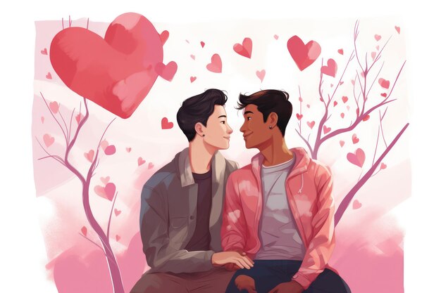 Valentines Joy Asian Gay Couple Celebrando l'amore con sorrisi festivi e affetto condiviso