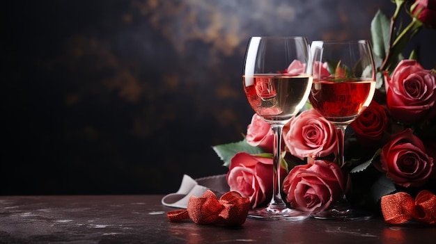 Valentines vino e roseheart sullo sfondo