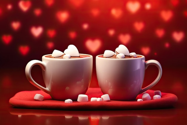 Valentino delizioso cioccolato caldo con marshmallow in tazze bianche per gli amanti su uno sfondo rosso