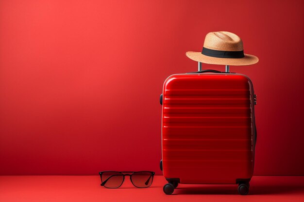 Valigetta con cappello e occhiali da sole su sfondo rosso concetto di viaggio