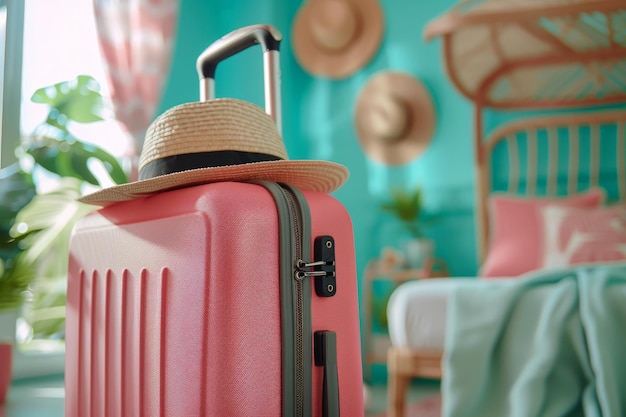 Valigetta da viaggiatore con cappello sul letto nella camera da letto vacanza estiva viaggio di viaggio estivo