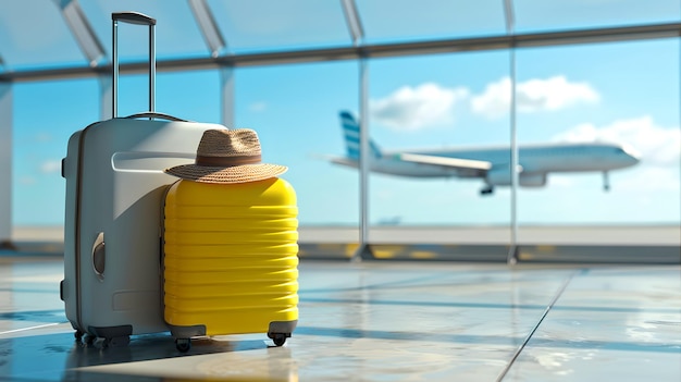 Valigetta gialla brillante al terminal dell'aeroporto con cappello desideroso di avventura Concepto di viaggio e libertà Scena aeroportuale con aereo sullo sfondo Pronto per le vacanze AI