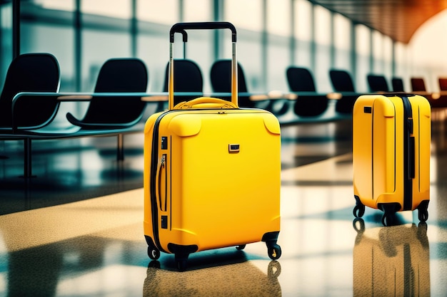 Valigetta gialla nella sala partenze dell'aeroporto sullo sfondo dell'aereo