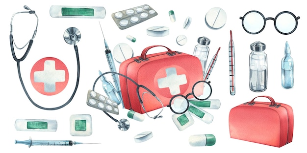Valigetta medica rossa kit di pronto soccorso con iniezioni di stetoscopio pillole di gesso e bicchieri Illustrazione dell'acquerello Composizione disegnata a mano con elementi isolati su sfondo bianco