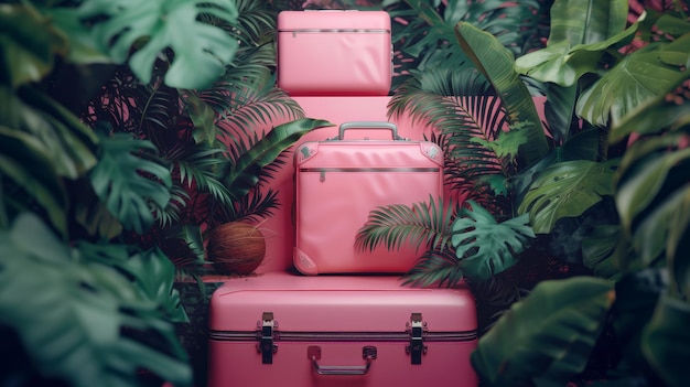 Valigetta rosa tra piante tropicali pronta per un viaggio esotico con bagagli alla moda