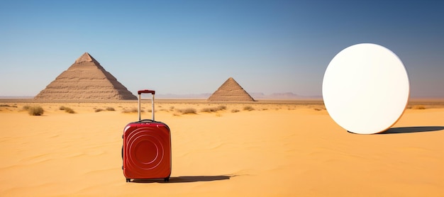 Valigetta seduta in mezzo a un deserto piramidi egiziane sullo sfondo concetto turistico minimalista
