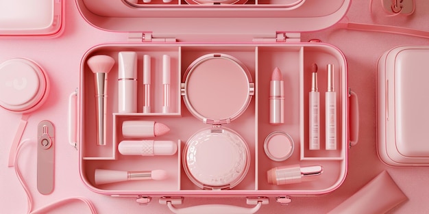 Valigetta top view con cosmetici in stile rosa su sfondo rosa Flat lay Moda minimale