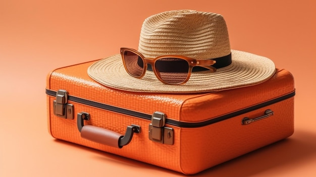 Valigia arancione con cappello e occhiali da sole