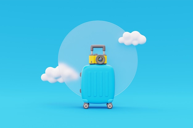 Valigia blu 3D con fotocamera e nuvole Turismo e concetto di viaggio vacanza natura viaggio rendering 3d