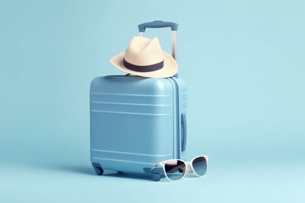 Valigia blu con occhiali da sole cappello e macchina fotografica su sfondo blu pastello concetto di viaggio stile minimale
