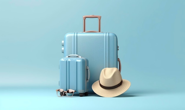 Valigia blu con occhiali da sole su sfondo blu pastello concetto di viaggio IA generativa