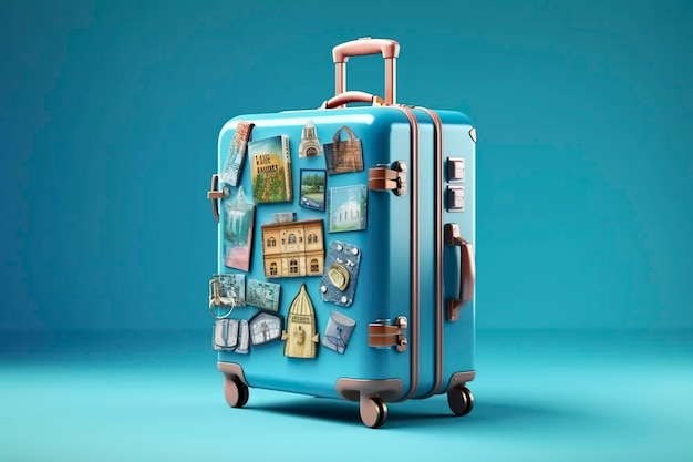 Valigia blu piena di punti di riferimento e accessori da viaggio su sfondo blu IA generativa