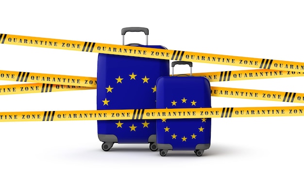 Valigia con bandiera dell'Unione europea ricoperta di nastro d'area di quarantena