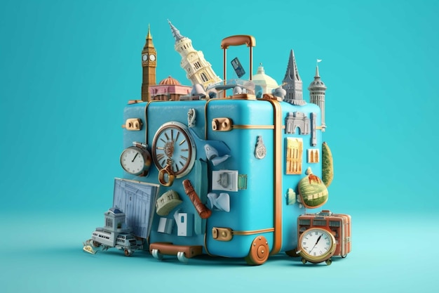 Valigia da viaggio blu su sfondo blu Illustrazione 3d del concetto di viaggio e vacanza