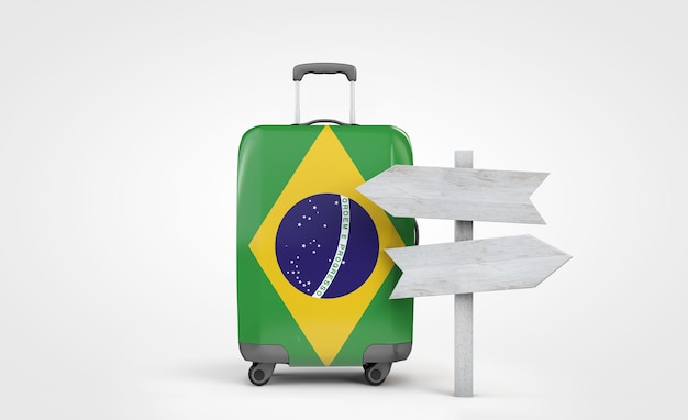Valigia da viaggio con bandiera brasiliana con cartello guida in legno d rendering