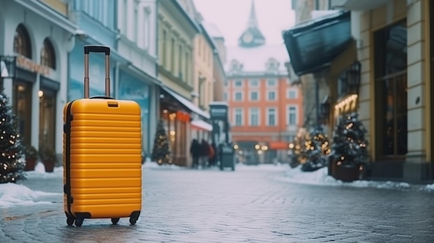 Valigia da viaggio gialla per le vacanze invernali generata dall'intelligenza artificiale