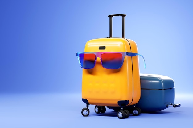Valigia gialla colorata o bagagli in occhiali blu su sfondo blu Rendering 3D del concetto di vacanze estive e vacanze