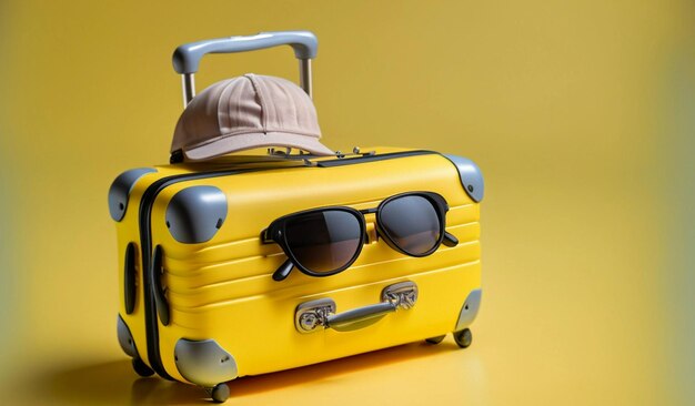 Valigia gialla con accessori da viaggio su sfondo giallo concetto di viaggio in stile minimal