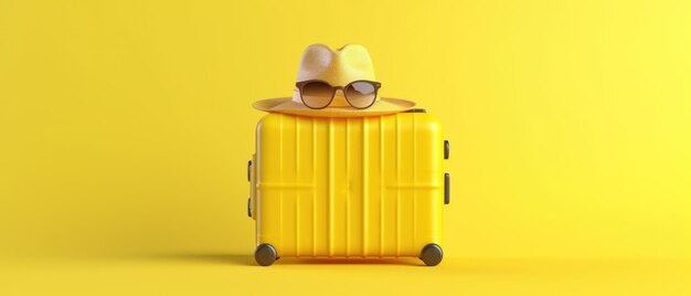 Valigia gialla con occhiali da sole e cappello su sfondo giallo stile minimal concetto di viaggio