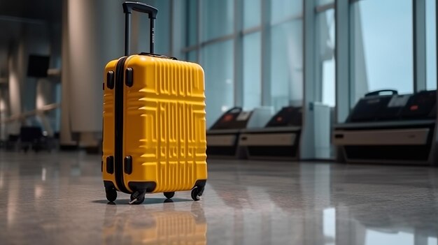 Valigia gialla del viaggiatore all'aeroporto prima della partenza concetto di giornata mondiale del turismo AI generativa