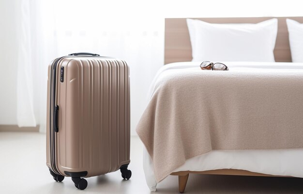 valigia marrone moderna su letto bianco su sfondo bianco camera da letto