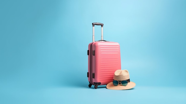 Valigia rosa con occhiali da sole, cappello e fotocamera su sfondo pastello