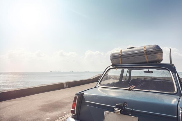 Valigia sul tetto dell'auto con vista sulla spiaggia assolata come destinazione