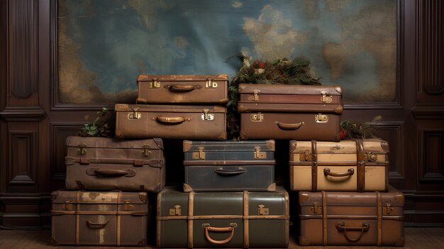 valigie d'epoca sul pavimento di legno su uno sfondo scuro