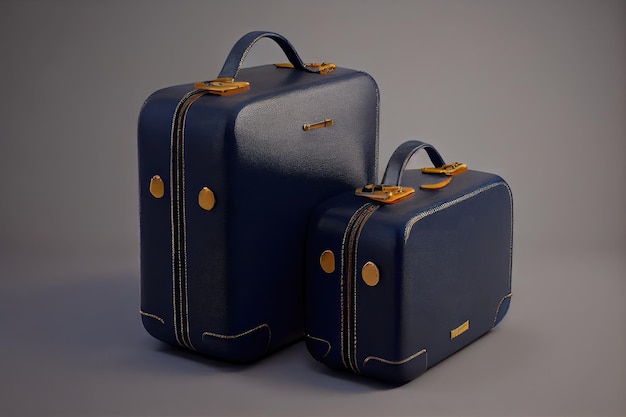 Valigie in pelle blu navy per viaggiare su sfondo grigio