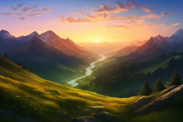 Valle di montagna all'alba