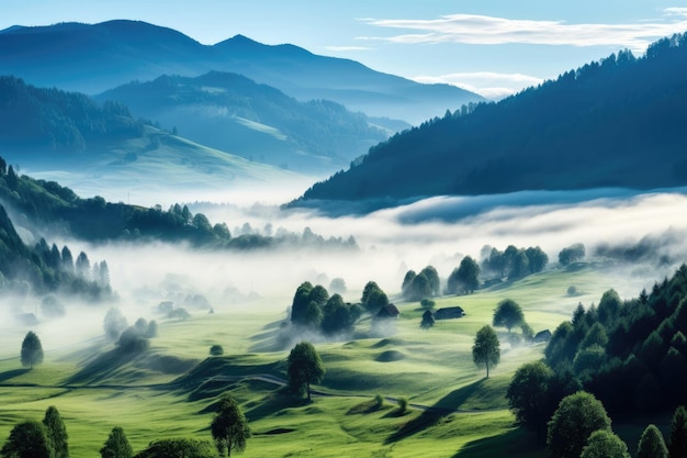 Valle nebbiosa alpina al mattino