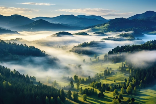 Valle nebbiosa alpina al mattino