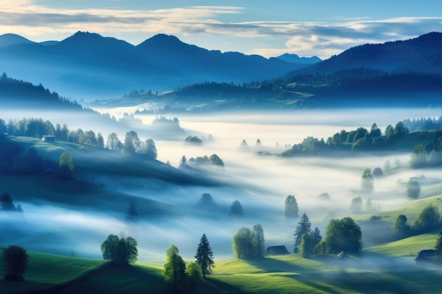 Valle nebbiosa alpina al mattino