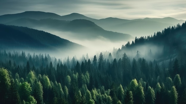 Valle nebbiosa e fresca ricoperta di pini