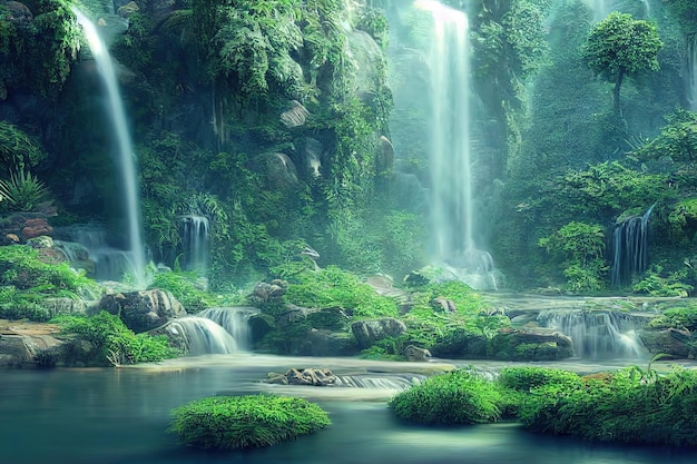 Valle verde di montagna con una cascata e acqua tempestosa che cade da un'altezza e pietre di alberi sotto un'illustrazione 3d del cielo blu