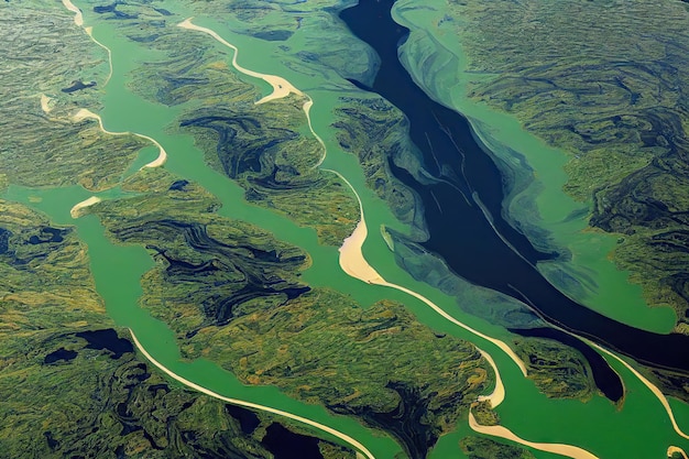 Valle verde giallo brillante attraverso la quale scorre il fiume aereo dell'Islanda
