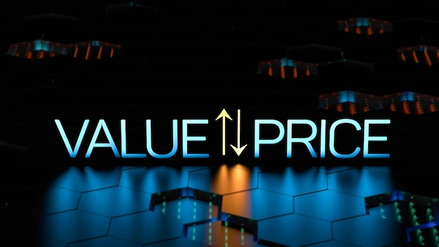 VALORE PREZZO e controlli freccia Concetto di prezzo e valore Rendering 3D del concetto di business al neon