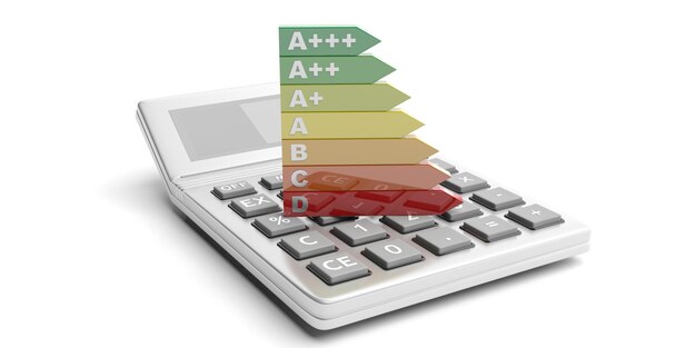 Valutazione dell'efficienza energetica e calcolatrice su sfondo bianco 3d'illustrazione