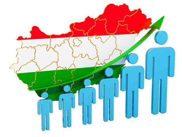 Valutazione dell'occupazione e della disoccupazione o della mortalità e della fertilità nel rendering 3D del concetto di Ungheria