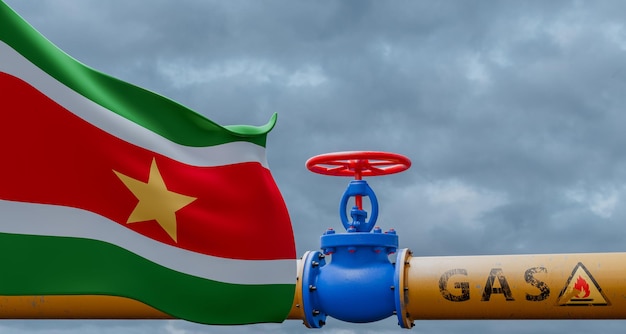 Valvola del gas del Suriname sul gasdotto principale Suriname Pipeline con bandiera Suriname Tubi di gas