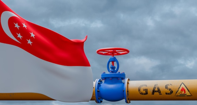 Valvola del gas di Singapore sul gasdotto principale Singapore Pipeline con bandiera Singapore Tubi di gas