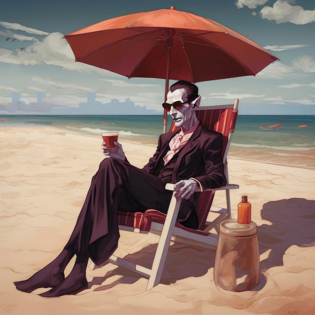 Vampiro che prende il sole sulla spiaggia e beve sangue