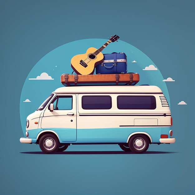 Van Car Music Tour Trasporto con chitarra da tamburo e valigia Illustrazione vettoriale Stile di cartone animato piatto Adatto per la pagina di destinazione Web Banner Flyer Sticker carta da parati Sfondio della carta