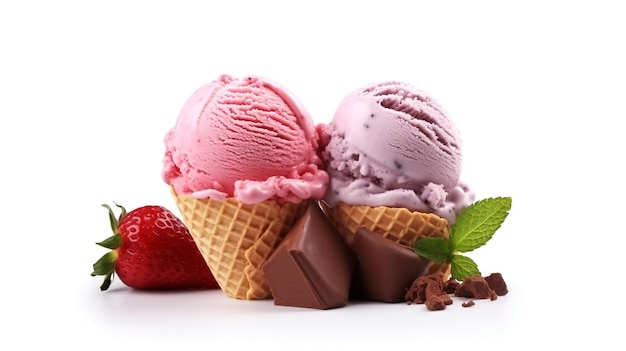 Vaniglia al cioccolato e gelato alla fragola isolato su bianco