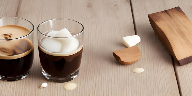 VANILLA VODKA COFFEE LIQUOR ESPRESSO sul tavolo di legno con sfondo nero con spazio per le copie