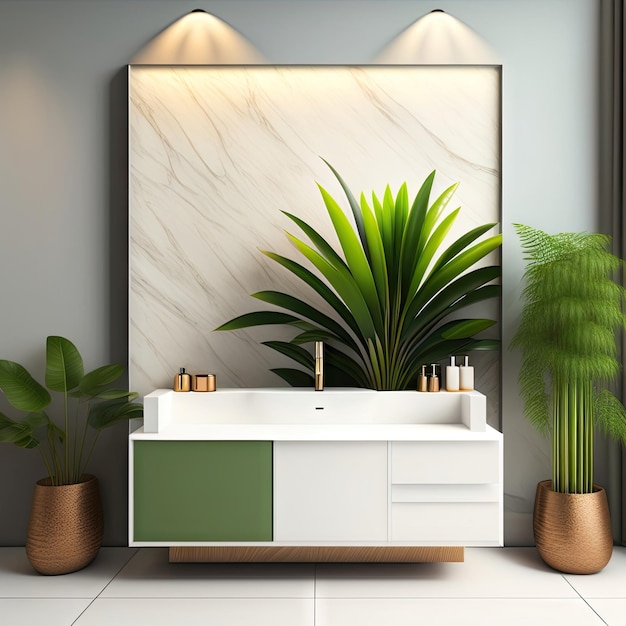 Vanità da bagno moderna e minimale in pietra di marmo bianco e palma di bambù tropicale verde spazio al sole