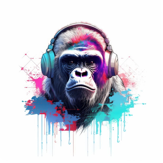 Vaporwave Gorilla illustrazione su sfondo bianco